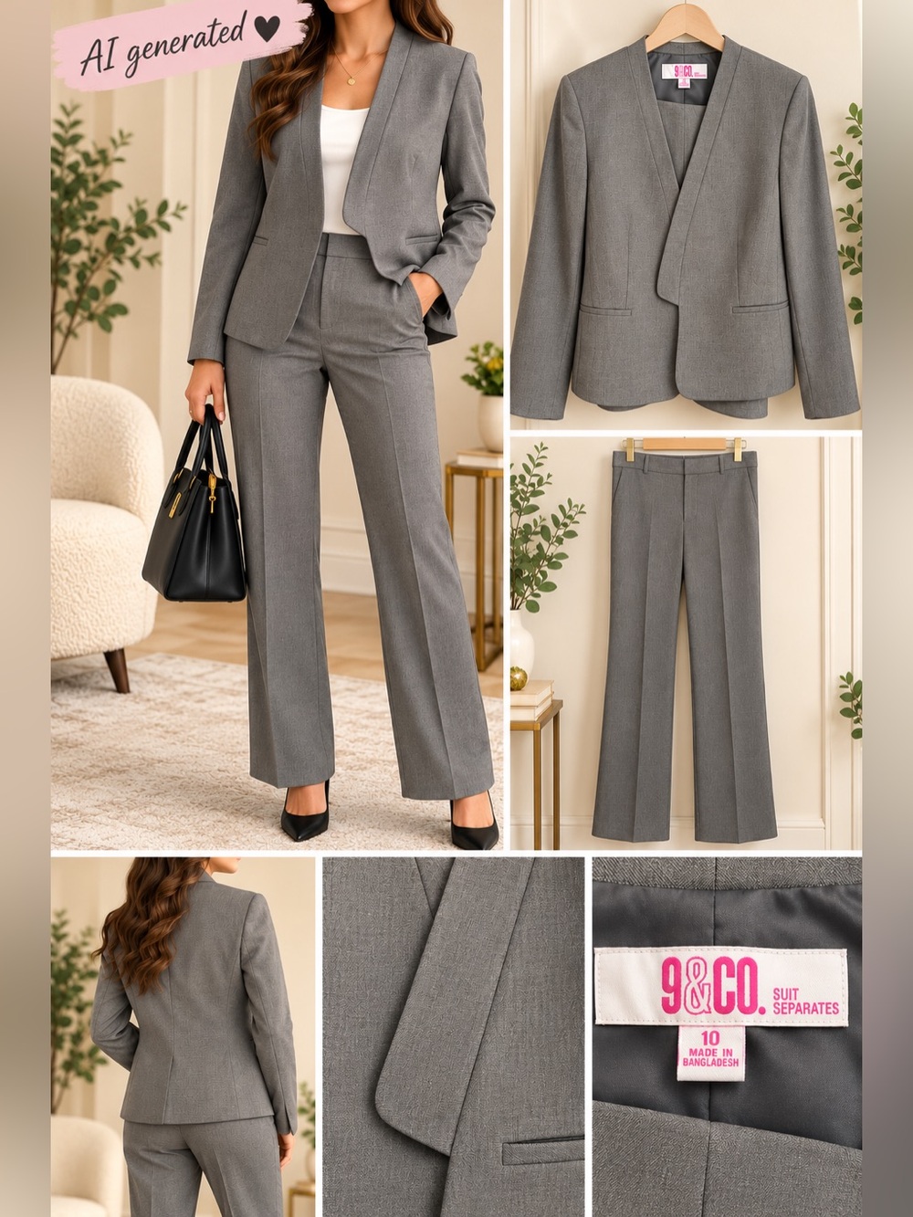9&Co. Gray Suit Set – Collarless Wrap Blazer & Dress Pants